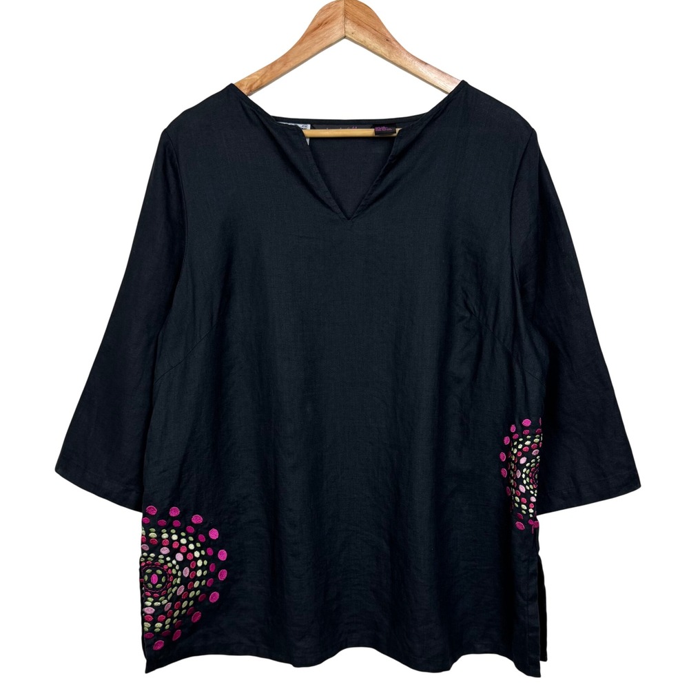 Sara Isabella Top Womens 14 Black Irish Linen Embroidered‎ V-Neck Boho Lagenlook